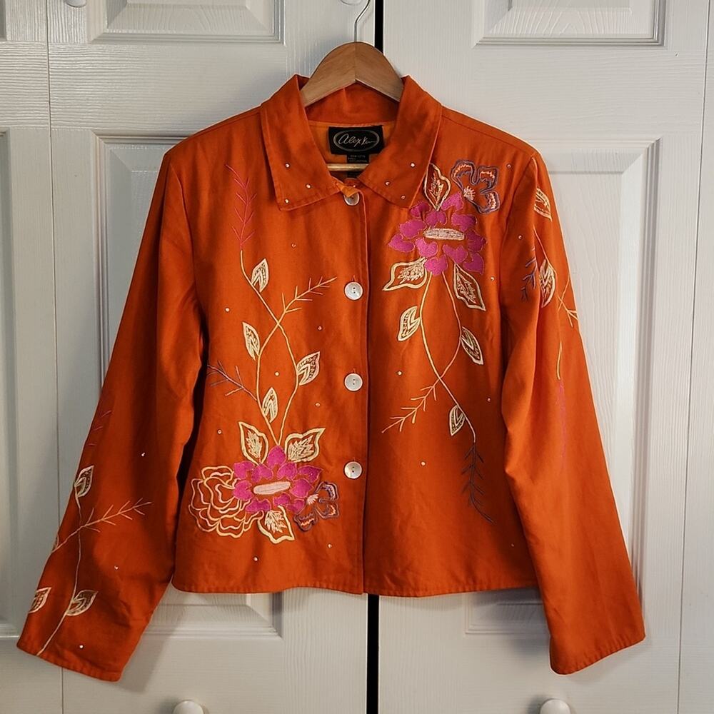 Vintage Alex‎ Kim Orange 100% Cotton Blazer SZ Med Embroidered Rhinestones Shell